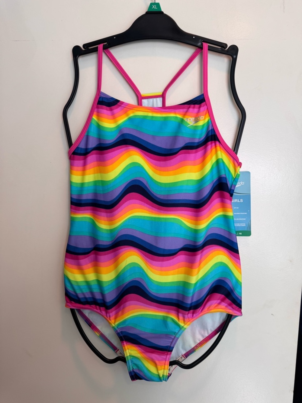 Speedo Girls' Rainbow Wave One-Piece Swimsuit - Pink Trim 16